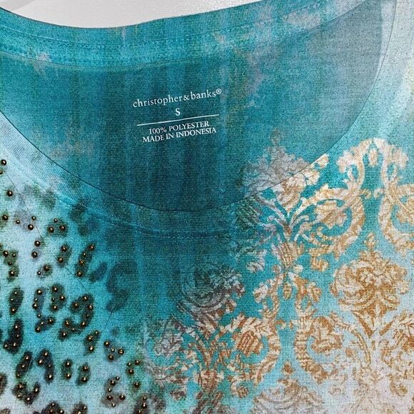 Christopher & Banks Women's Teal Gold Embellished Short Sleeve T-Shirt Small - Picture 3 of 7